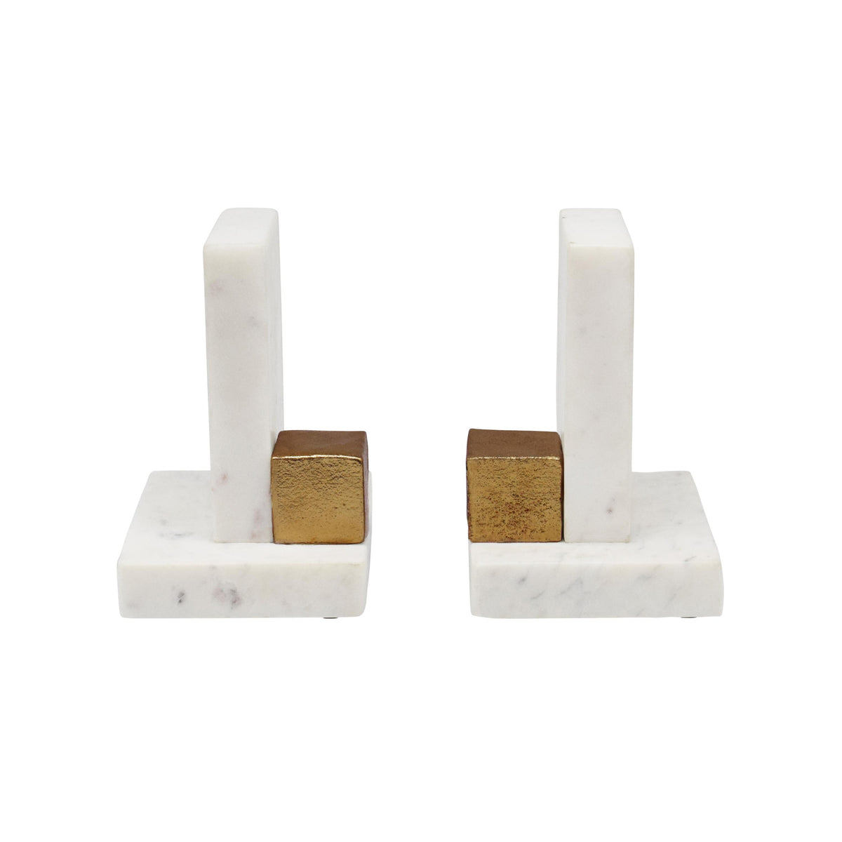 Worlds Away Pair Of White Marble Bookends With Brass Square Detail