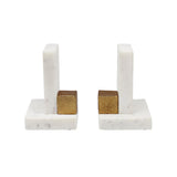 Worlds Away Pair Of White Marble Bookends With Brass Square Detail