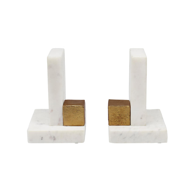 Worlds Away Pair Of White Marble Bookends With Brass Square Detail
