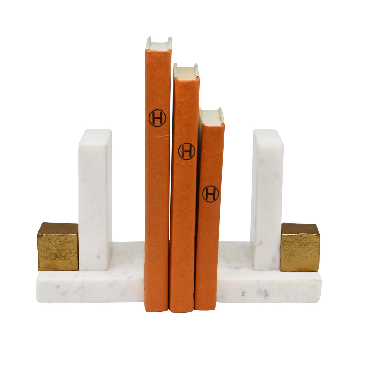 Worlds Away Pair Of White Marble Bookends With Brass Square Detail