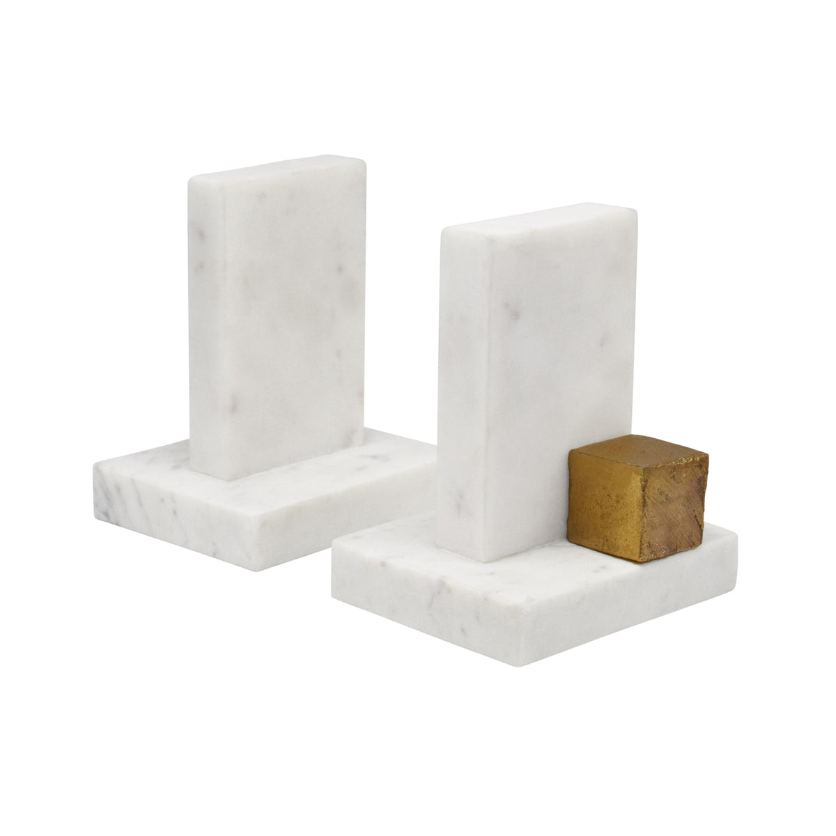 Worlds Away Pair Of White Marble Bookends With Brass Square Detail