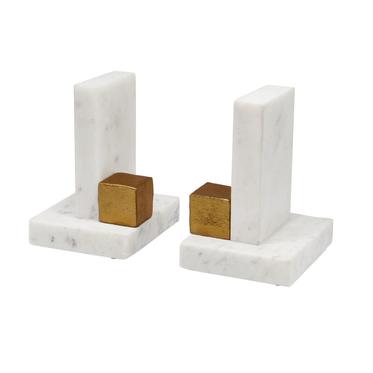 Worlds Away Pair Of White Marble Bookends With Brass Square Detail