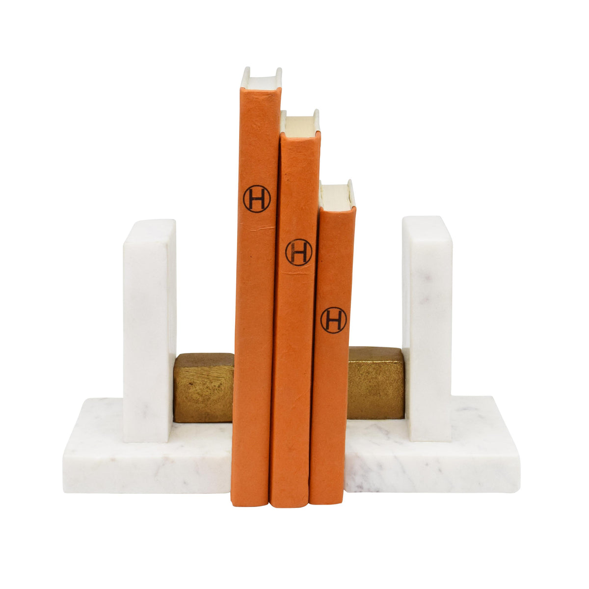 Worlds Away Pair Of White Marble Bookends With Brass Square Detail
