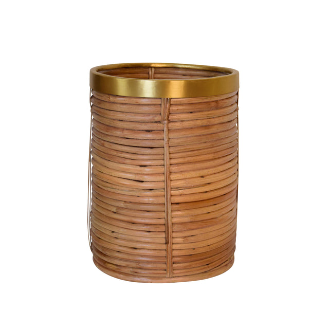 Worlds Away Natural Rattan Waste Basket With Brass Rim Detail