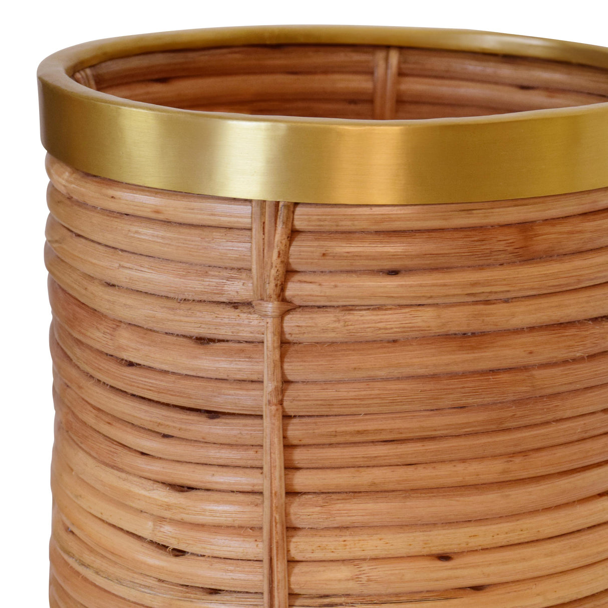 Worlds Away Natural Rattan Waste Basket With Brass Rim Detail