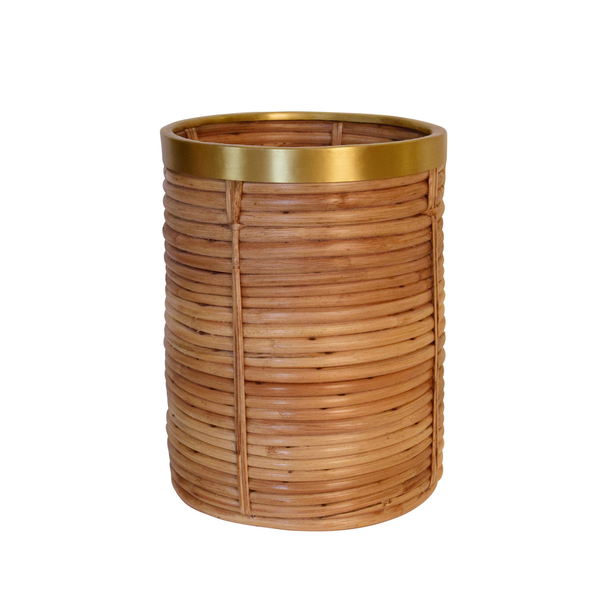 Worlds Away Natural Rattan Waste Basket With Brass Rim Detail