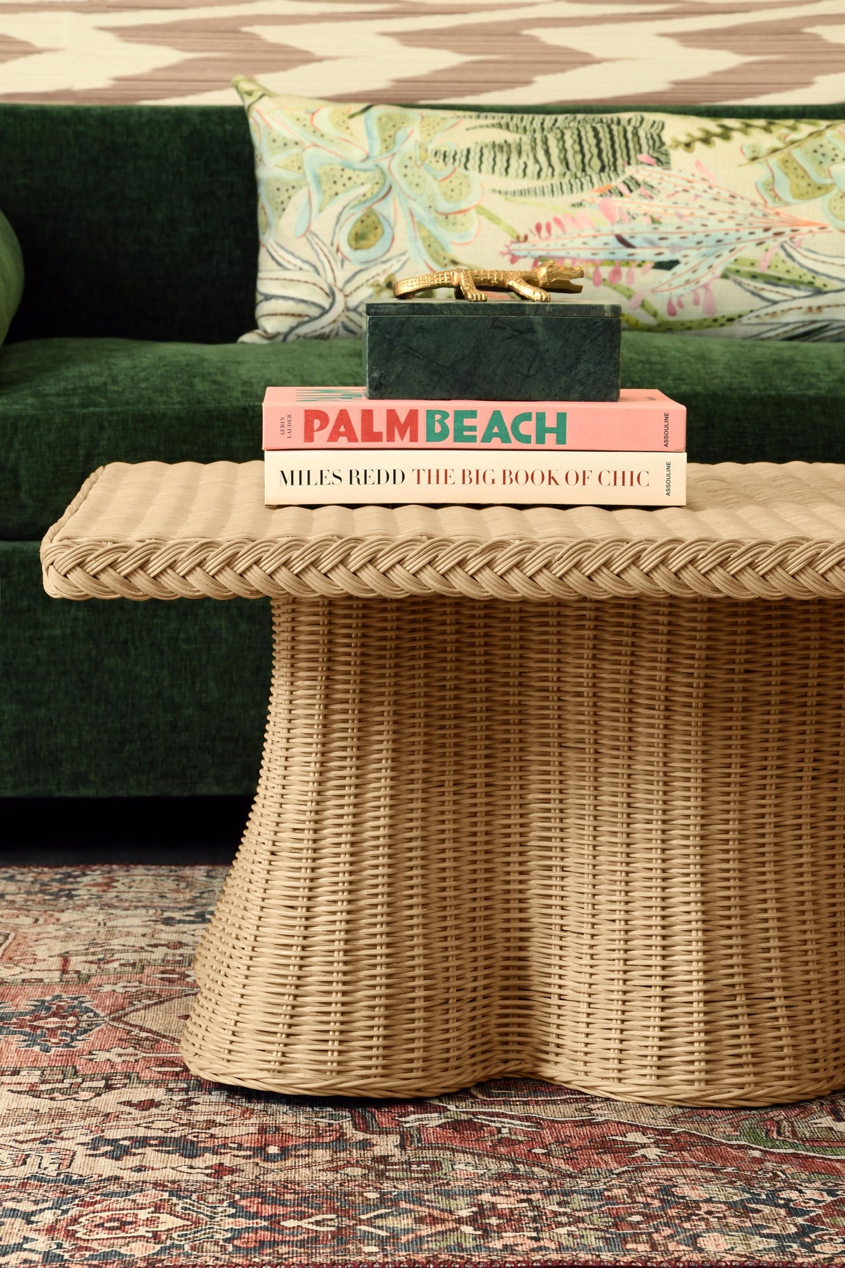 Worlds Away Rectangular Coffee Table With Braided Edge And Scallopped Skirt In Natural Woven Rattan