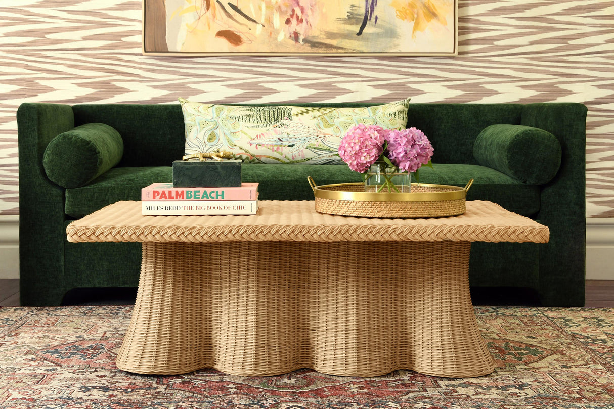 Worlds Away Rectangular Coffee Table With Braided Edge And Scallopped Skirt In Natural Woven Rattan