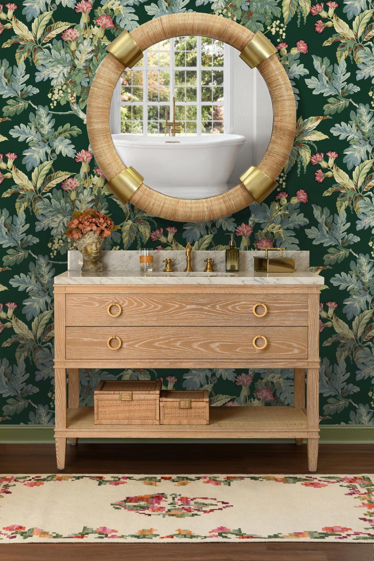 Worlds Away Large Natural Rattan Decorative Box With Brass Foot Caps