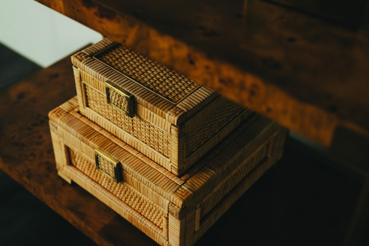 Worlds Away Small Natural Rattan Decorative Box With Brass Foot Caps