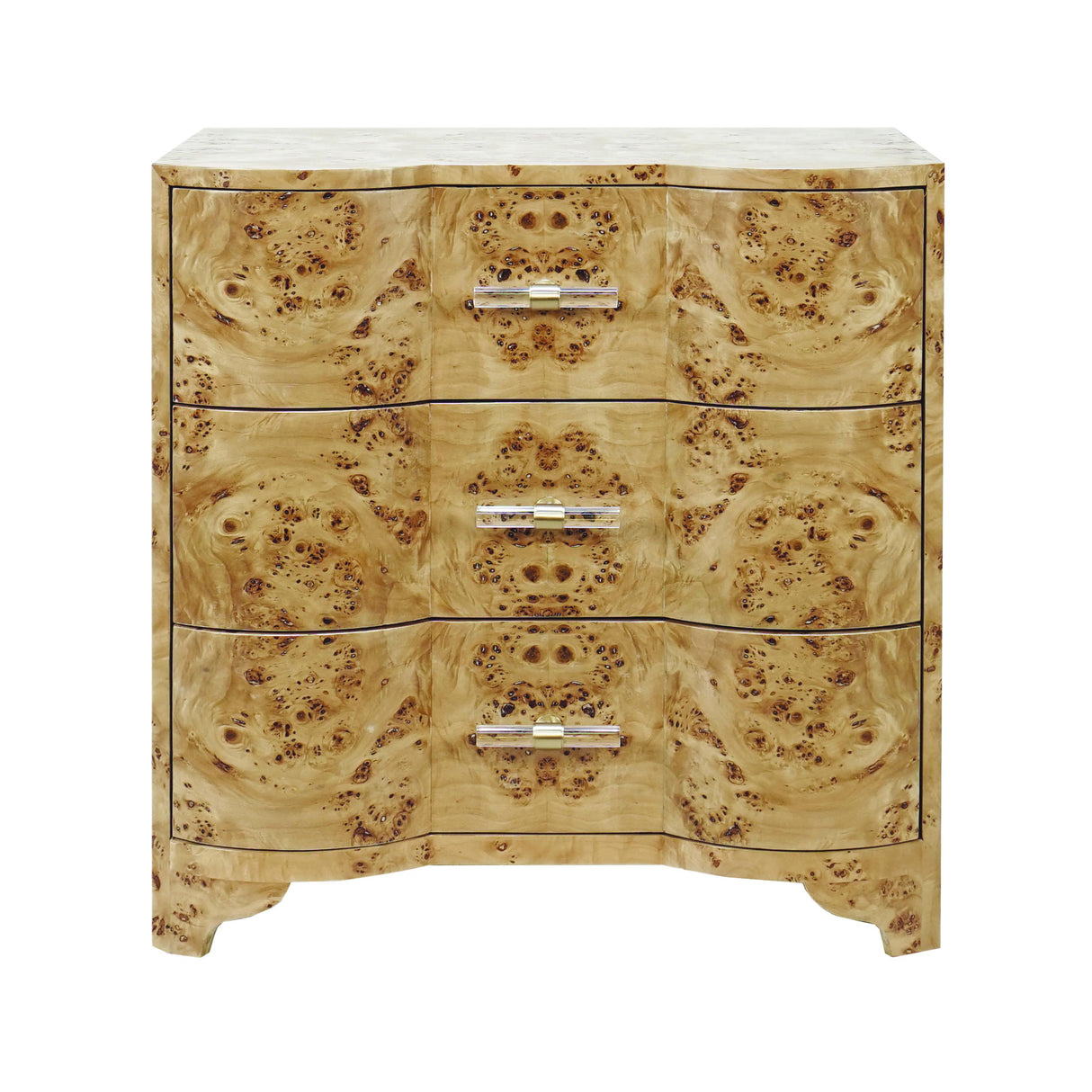 Worlds Away Three Drawer Side Table In Burl Wood With Acrylic Hardware