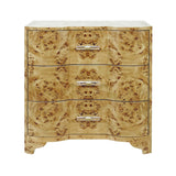 Worlds Away Three Drawer Side Table In Burl Wood With Acrylic Hardware