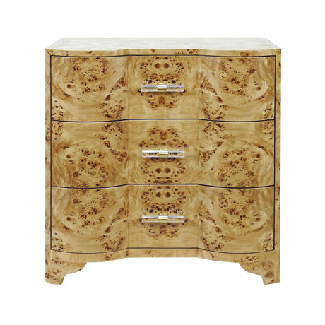 Worlds Away Three Drawer Side Table In Burl Wood With Acrylic Hardware