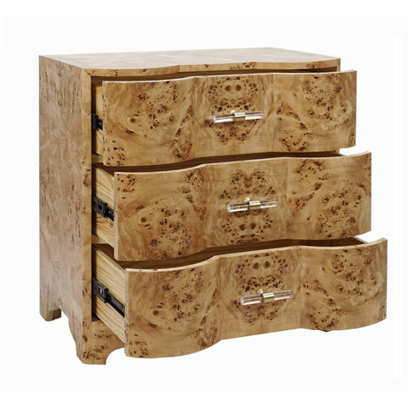 Worlds Away Three Drawer Side Table In Burl Wood With Acrylic Hardware