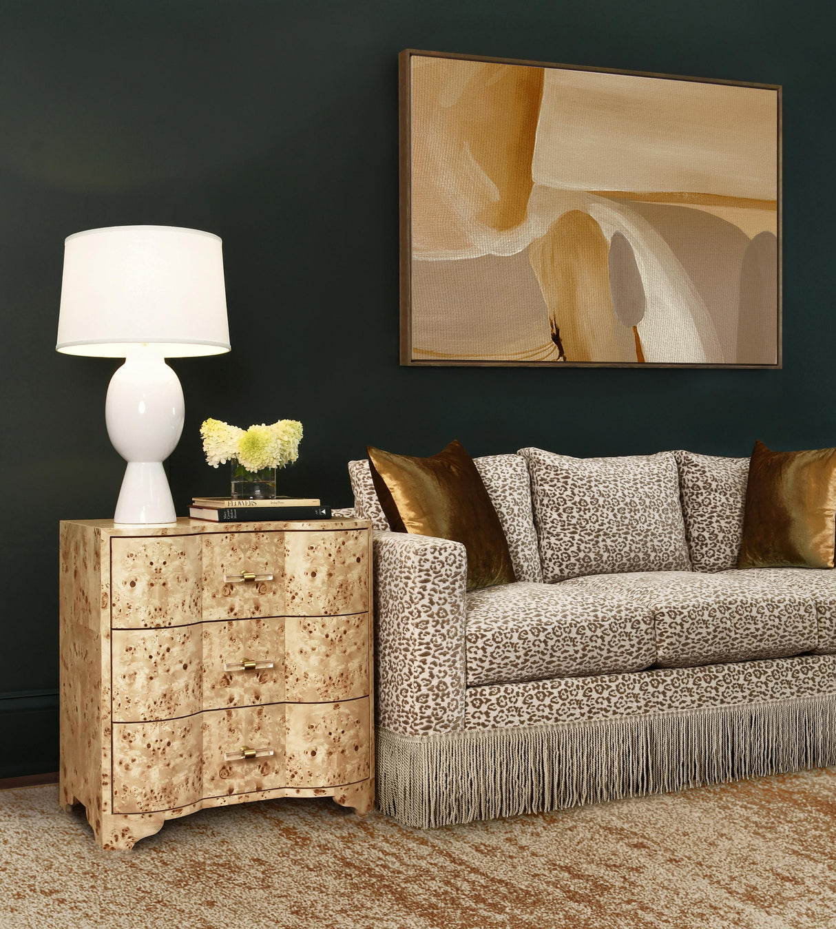 Worlds Away Three Drawer Side Table In Burl Wood With Acrylic Hardware
