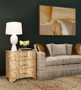 Worlds Away Three Drawer Side Table In Burl Wood With Acrylic Hardware