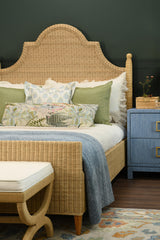 Worlds Away Bed Frame With Arched Headboard, Side Rails, And Footboard In Rattan With Wood Feet, Queen Size