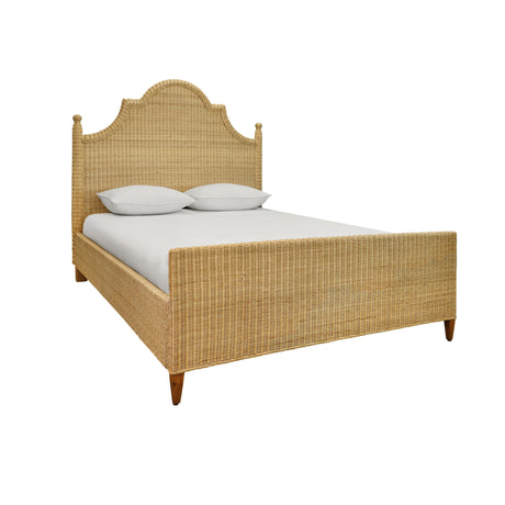 Worlds Away Bed Frame With Arched Headboard, Side Rails, And Footboard In Rattan With Wood Feet, Queen Size
