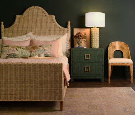 Worlds Away Bed Frame With Arched Headboard, Side Rails, And Footboard In Rattan With Wood Feet, Queen Size