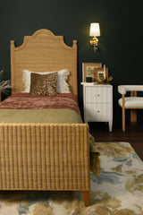 Worlds Away Bed Frame With Arched Headboard, Side Rails, And Footboard In Rattan With Wood Feet, Twin Size