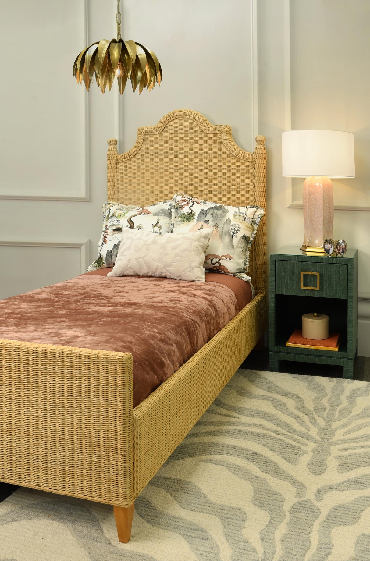Worlds Away Bed Frame With Arched Headboard, Side Rails, And Footboard In Rattan With Wood Feet, Twin Size