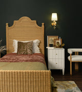 Worlds Away Bed Frame With Arched Headboard, Side Rails, And Footboard In Rattan With Wood Feet, Twin Size