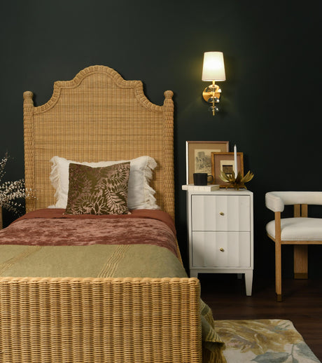 Worlds Away Bed Frame With Arched Headboard, Side Rails, And Footboard In Rattan With Wood Feet, Twin Size