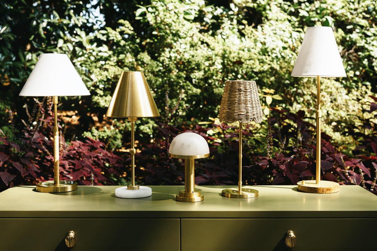 Worlds Away Rechargeable Table Lamp In Brass And Faux Alabaster Base With Metal Shade