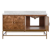 Worlds Away Bath Vanity In Matte Dark Burl Wood And Antique Brass With White Marble Top And Double Porcelain Sinks, 60" Wide