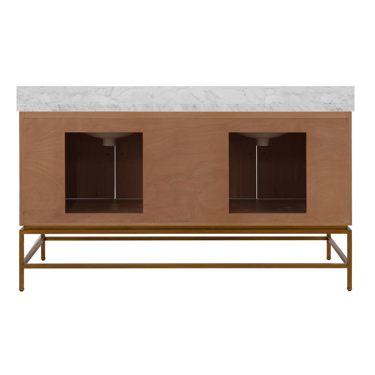 Worlds Away Bath Vanity In Matte Dark Burl Wood And Antique Brass With White Marble Top And Double Porcelain Sinks, 60" Wide
