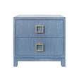 Worlds Away Two Drawer Side Table With Large Satin Brass Square Hardware In Blue Dyed Grasscloth With Glass Top