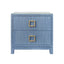 Worlds Away Two Drawer Side Table With Large Satin Brass Square Hardware In Blue Dyed Grasscloth With Glass Top