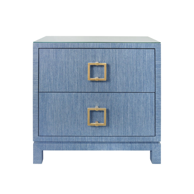Worlds Away Two Drawer Side Table With Large Satin Brass Square Hardware In Blue Dyed Grasscloth With Glass Top
