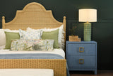 Worlds Away Two Drawer Side Table With Large Satin Brass Square Hardware In Blue Dyed Grasscloth With Glass Top