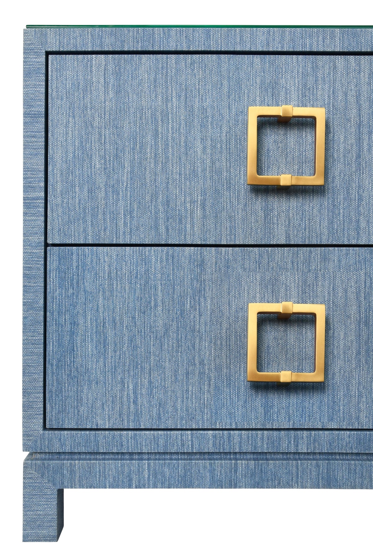 Worlds Away Two Drawer Side Table With Large Satin Brass Square Hardware In Blue Dyed Grasscloth With Glass Top