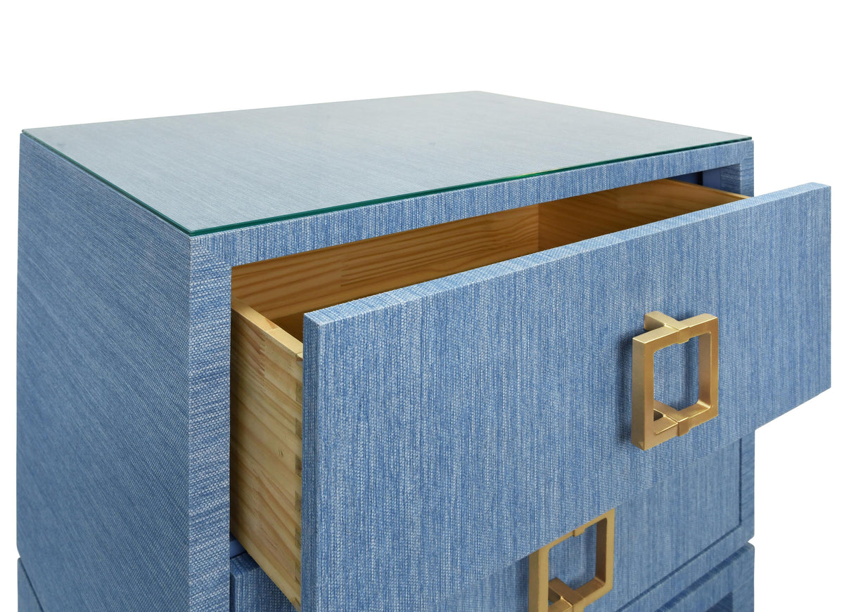 Worlds Away Two Drawer Side Table With Large Satin Brass Square Hardware In Blue Dyed Grasscloth With Glass Top