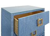Worlds Away Two Drawer Side Table With Large Satin Brass Square Hardware In Blue Dyed Grasscloth With Glass Top