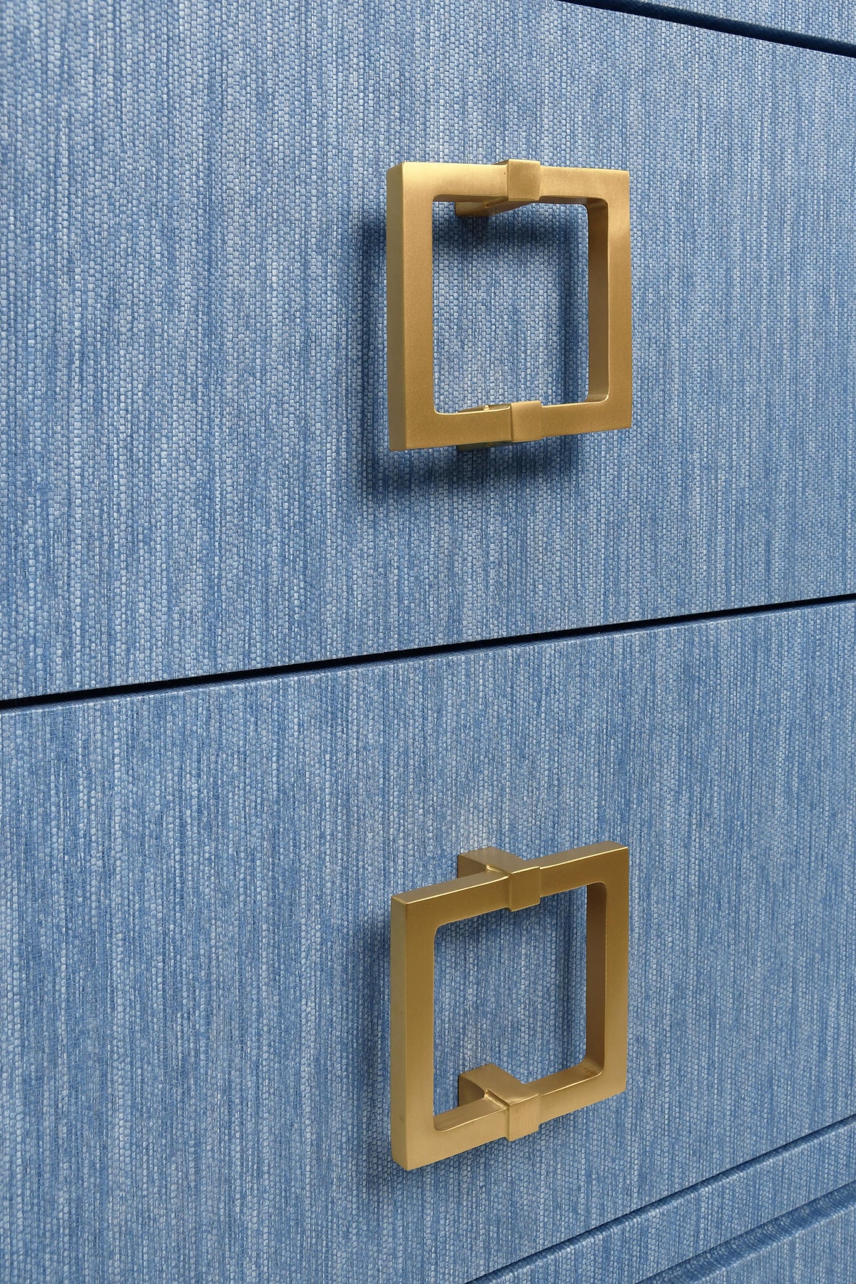 Worlds Away Two Drawer Side Table With Large Satin Brass Square Hardware In Blue Dyed Grasscloth With Glass Top
