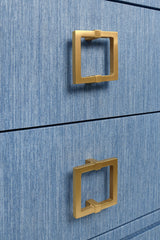 Worlds Away Two Drawer Side Table With Large Satin Brass Square Hardware In Blue Dyed Grasscloth With Glass Top