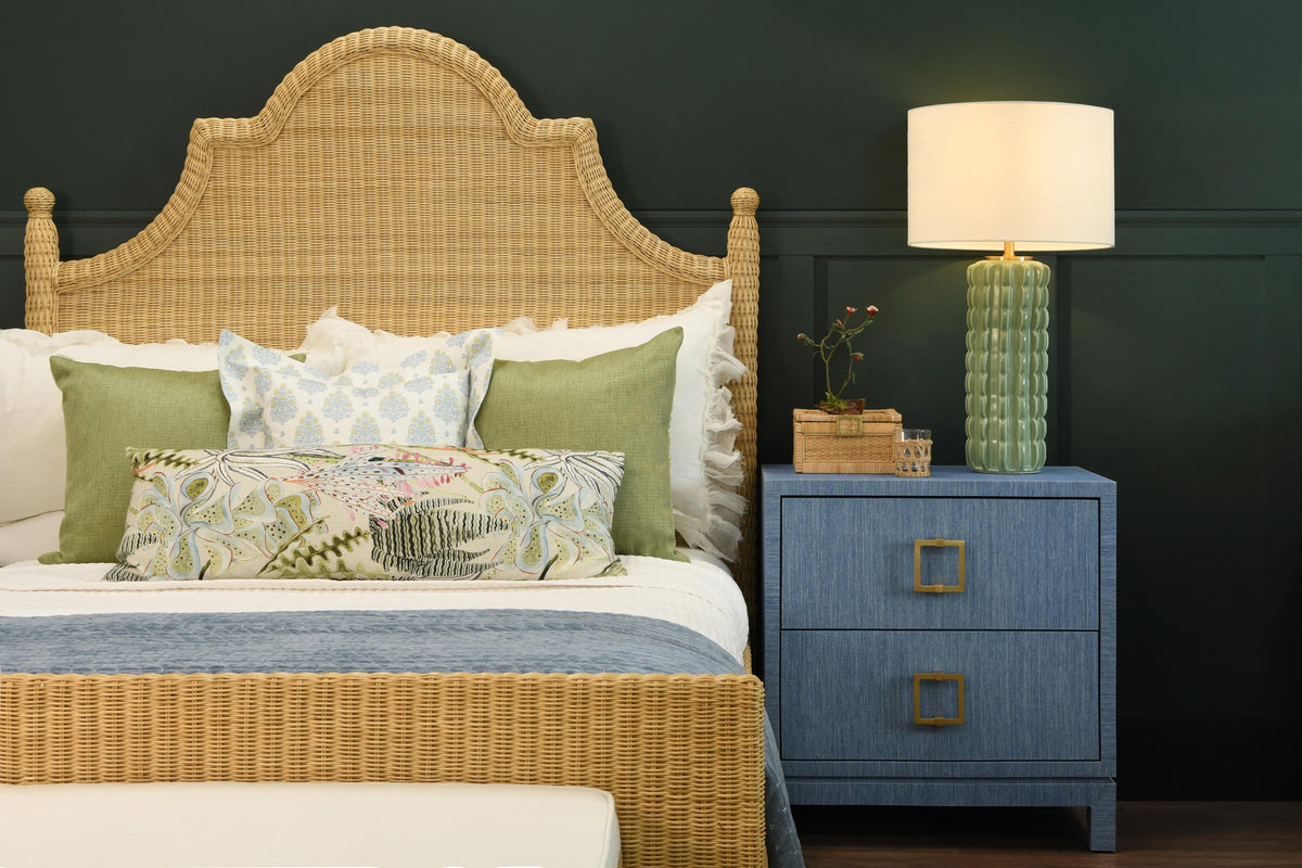 Worlds Away Two Drawer Side Table With Large Satin Brass Square Hardware In Blue Dyed Grasscloth With Glass Top