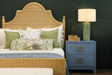 Worlds Away Two Drawer Side Table With Large Satin Brass Square Hardware In Blue Dyed Grasscloth With Glass Top