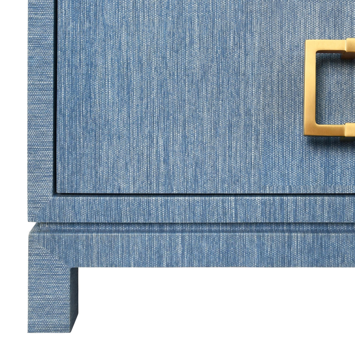 Worlds Away Two Drawer Side Table With Large Satin Brass Square Hardware In Blue Dyed Grasscloth With Glass Top