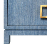 Worlds Away Two Drawer Side Table With Large Satin Brass Square Hardware In Blue Dyed Grasscloth With Glass Top
