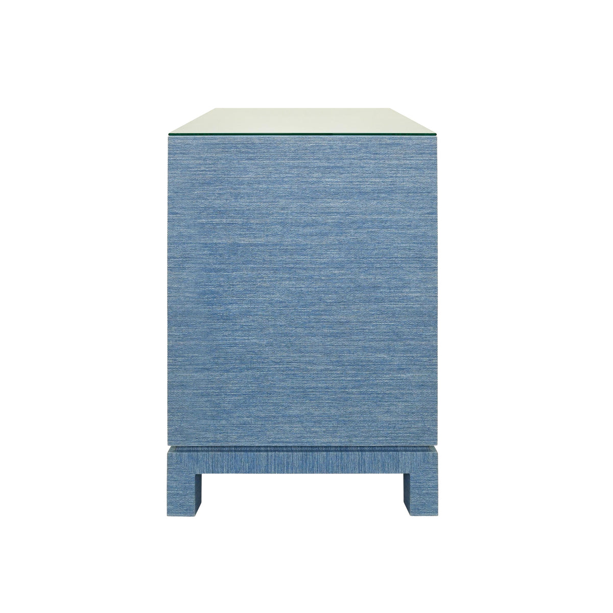 Worlds Away Two Drawer Side Table With Large Satin Brass Square Hardware In Blue Dyed Grasscloth With Glass Top