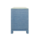 Worlds Away Two Drawer Side Table With Large Satin Brass Square Hardware In Blue Dyed Grasscloth With Glass Top