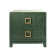 Worlds Away Two Drawer Side Table With Large Satin Brass Square Hardware In Green Dyed Grasscloth With Glass Top