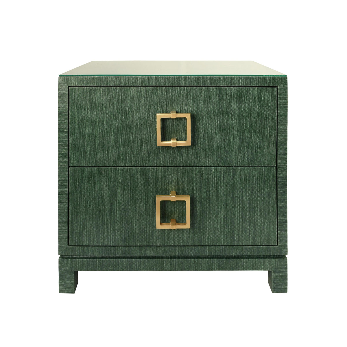 Worlds Away Two Drawer Side Table With Large Satin Brass Square Hardware In Green Dyed Grasscloth With Glass Top