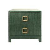 Worlds Away Two Drawer Side Table With Large Satin Brass Square Hardware In Green Dyed Grasscloth With Glass Top