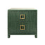 Worlds Away Two Drawer Side Table With Large Satin Brass Square Hardware In Green Dyed Grasscloth With Glass Top