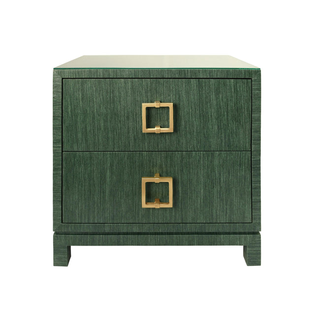 Worlds Away Two Drawer Side Table With Large Satin Brass Square Hardware In Green Dyed Grasscloth With Glass Top